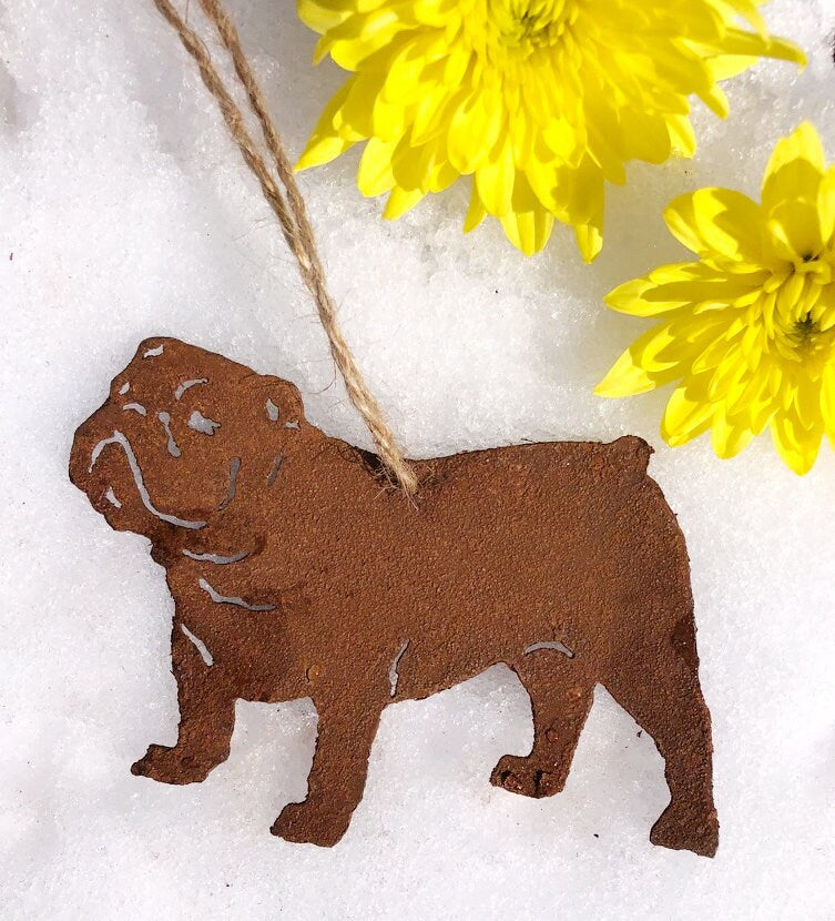Bulldog ornament rust metal silhouette with jute hanging cord by Rustica Ornamentals on Tampa Home & Garden Store