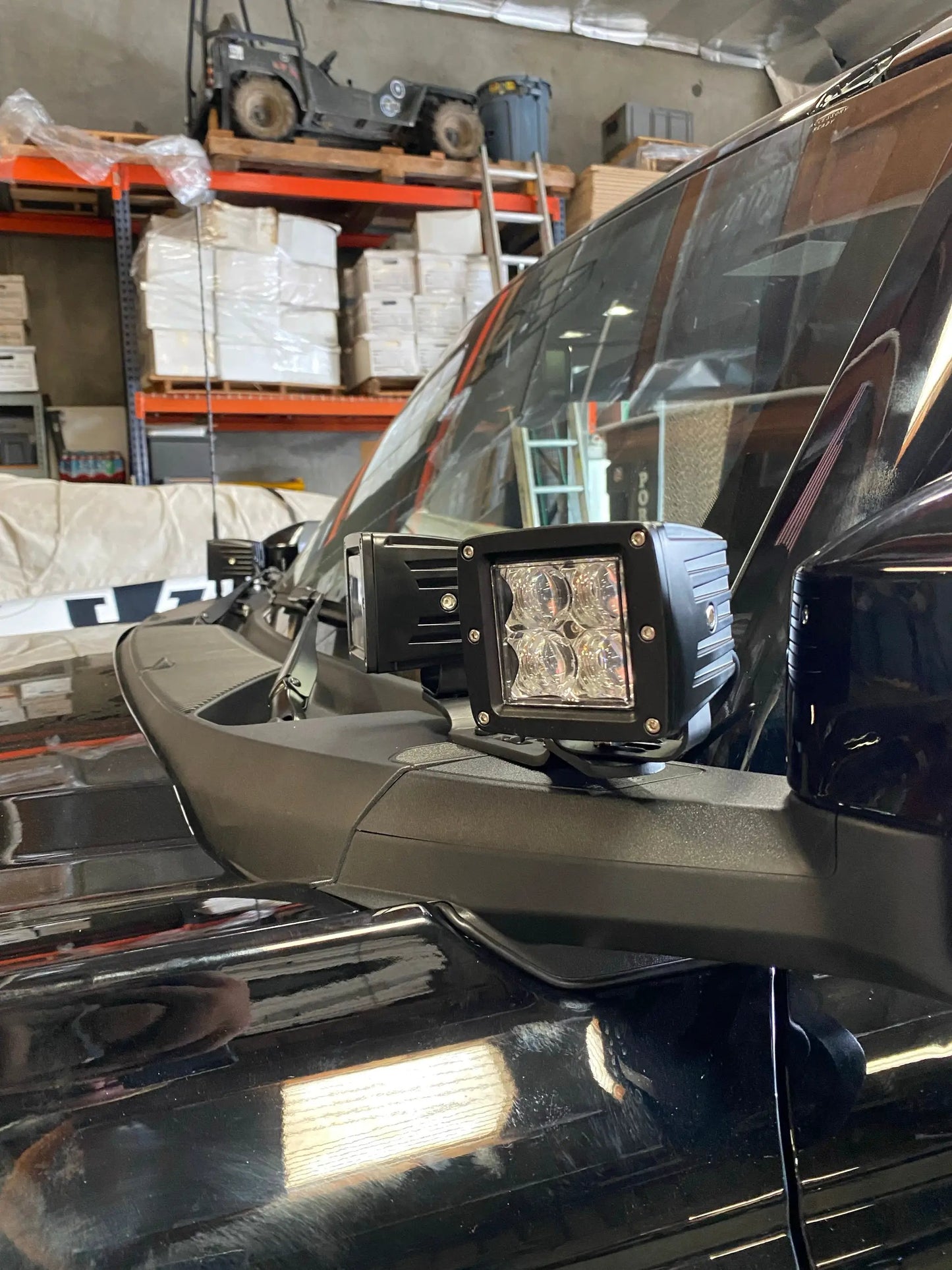 Ford Bronco pillar pod mounts for ditch pods with a GG Lighting LED pod mounted near A-pillar on Tampa Home & Garden Store
