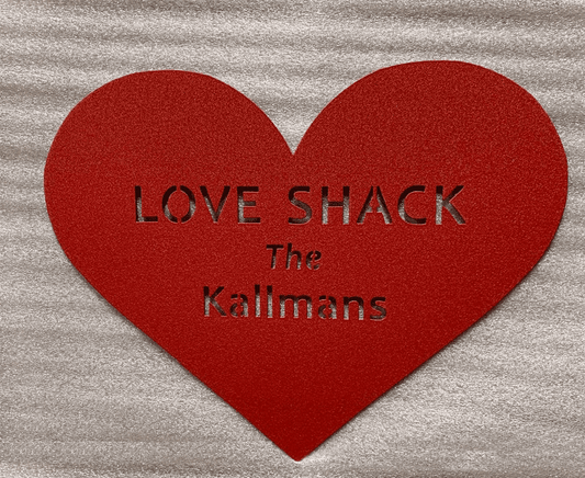 Red heart-shaped metal wall sign with laser-cut LOVE SHACK by Rustica Ornamentals on Tampa Home & Garden Store
