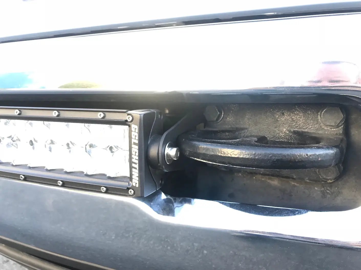 Dodge Ram 2009-2018 30-inch curved light bar brackets by GGLighting mounted on bumper on Tampa Home & Garden Store