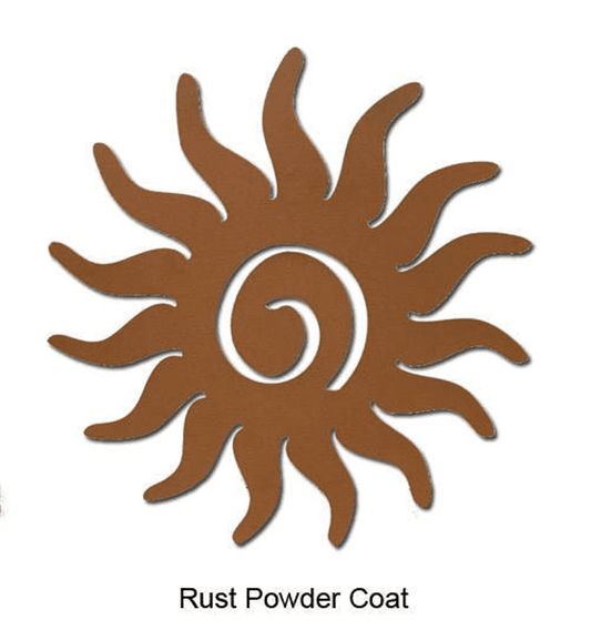 Sun metal wall art in rust powder coat by Rustica Ornamentals, outdoor lawn ornament on Tampa Home & Garden Store