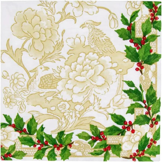 Holly ivory gold dinner napkin with damask motif and holly border on Tampa Home & Garden Store