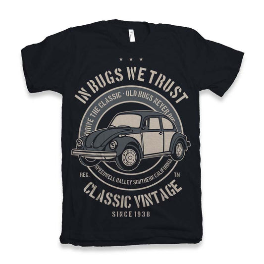 Mens graphic T-shirt black with vintage Beetle print by Spun Bamboo viscose/cotton blend on Tampa Home & Garden Store