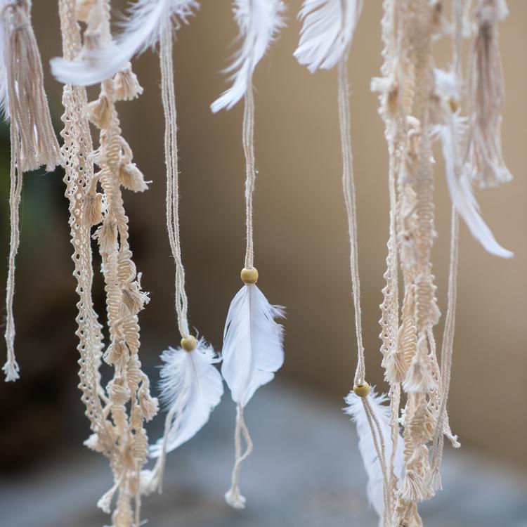 Indiana Dream Catcher Net by RusticReach with cream lace cords and white feathers on Tampa Home & Garden Store