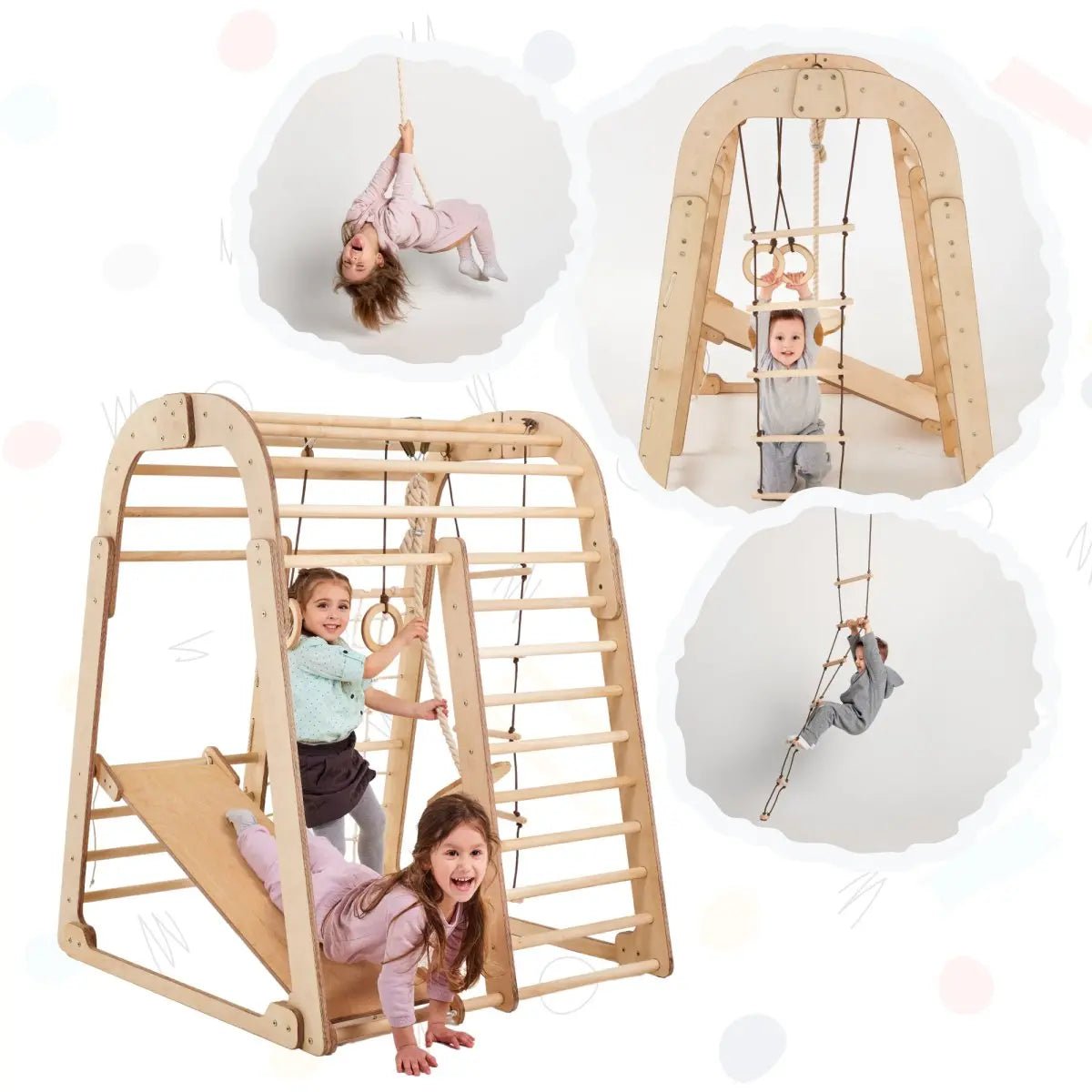 Goodevas 6in1 wooden playset with climbing ladder, swing and slide in natural wood on Tampa Home & Garden Store