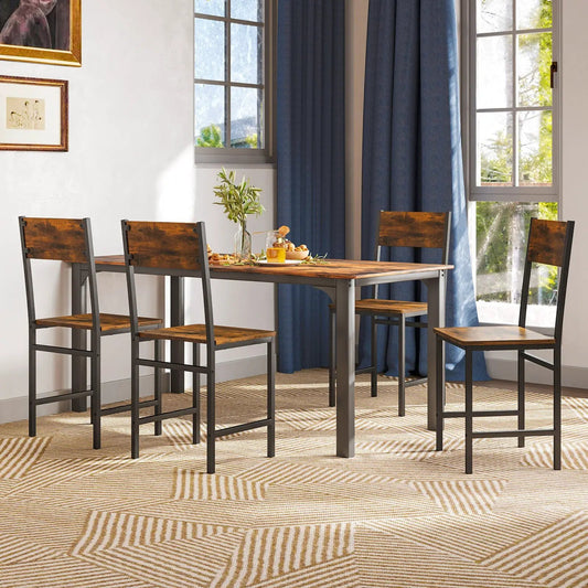 Industrial kitchen side chairs with black metal legs and rustic brown wood seats on Tampa Home & Garden Store