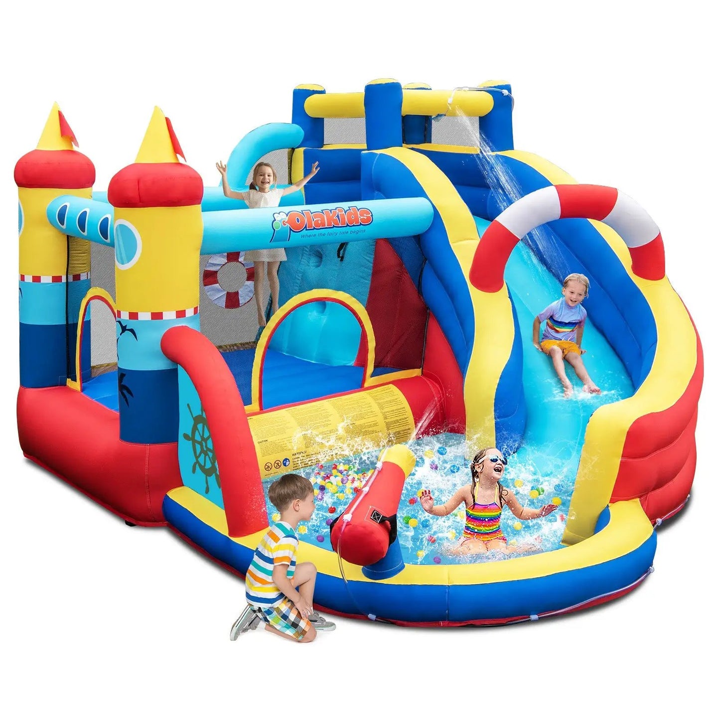 Inflatable bounce castle with slide and climbing wall, blue, yellow and red colors, DirectDeals brand on Tampa Home & Garden Store