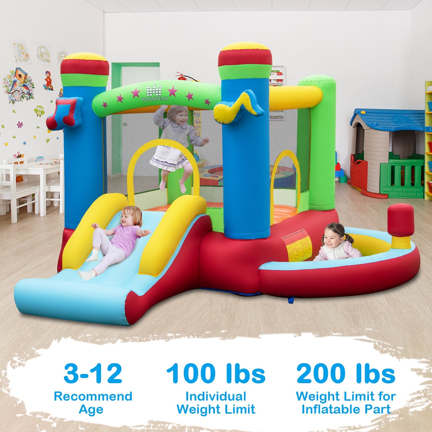 Music Themed Inflatable Castle Bounce House with BOUNTECH logo, colorful panels indoor playset on Tampa Home & Garden Store