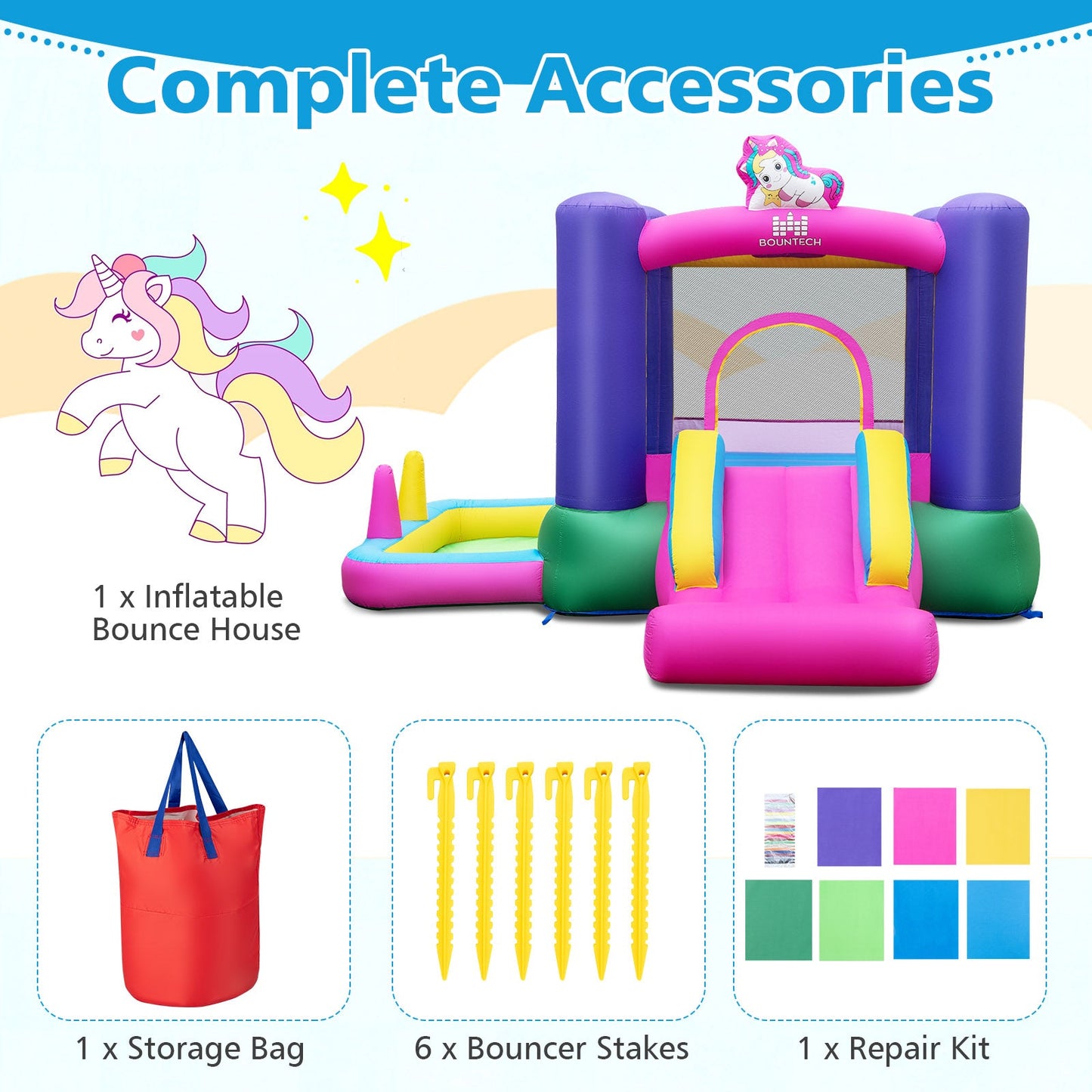 Inflatable Bounce House with Slide Splash Pool pink purple unicorn topper BOUNTECH on Tampa Home & Garden Store