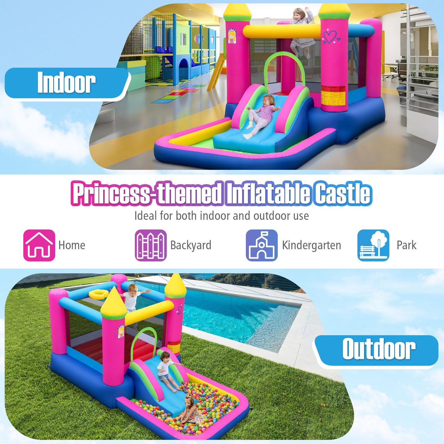DirectDeals Princess 4-in-1 inflatable bounce house with pink/blue slide on Tampa Home & Garden Store