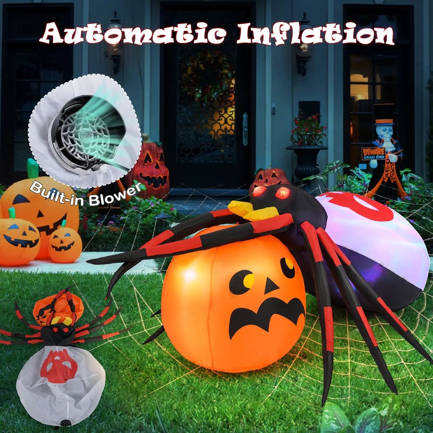 4.9 x 4.6 Feet Inflatable Spider with Pumpkin and Rotating Light - Tampa Home & Garden Store