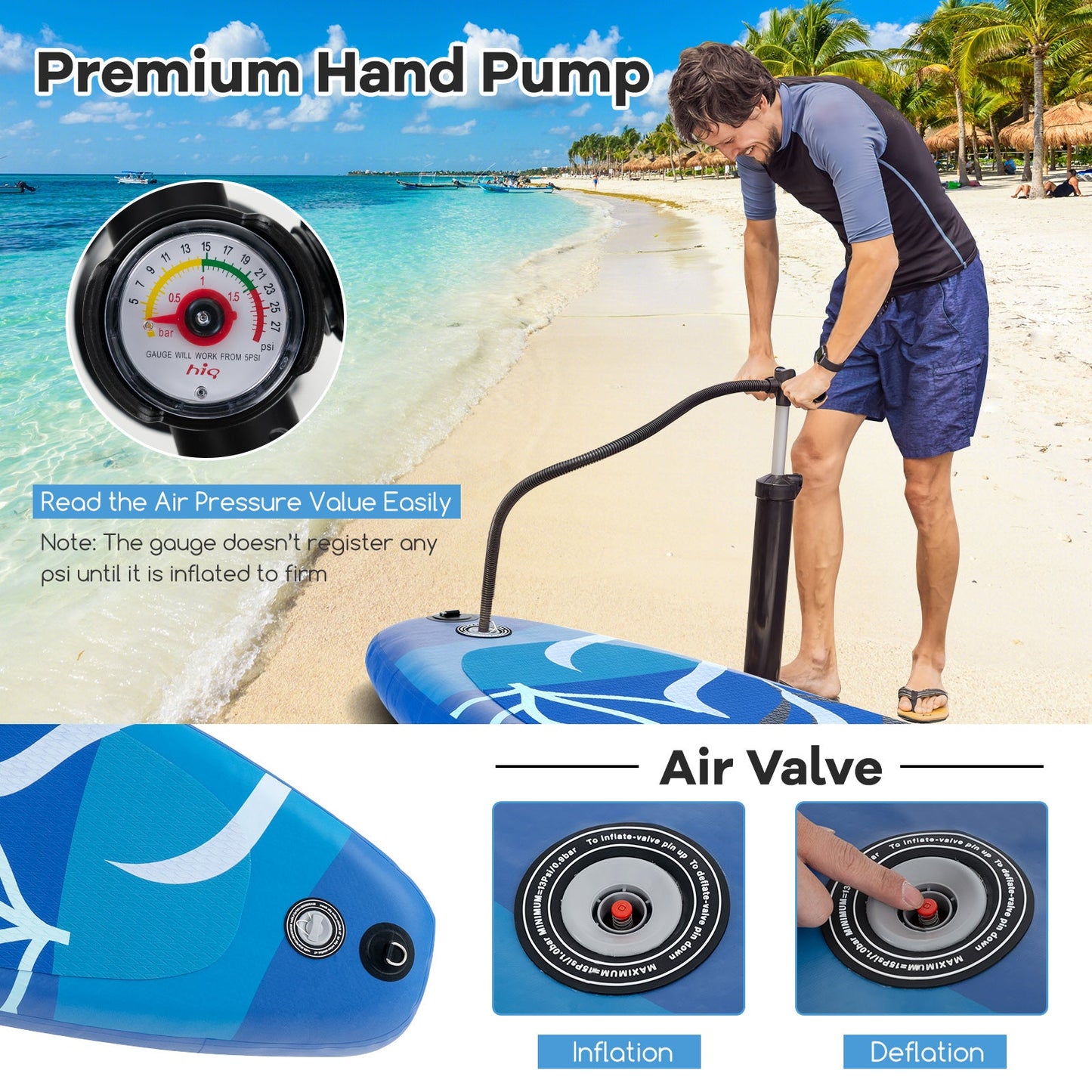 Inflatable stand up paddle board with premium gear, blue design and air pump gauge on a beach on Tampa Home & Garden Store