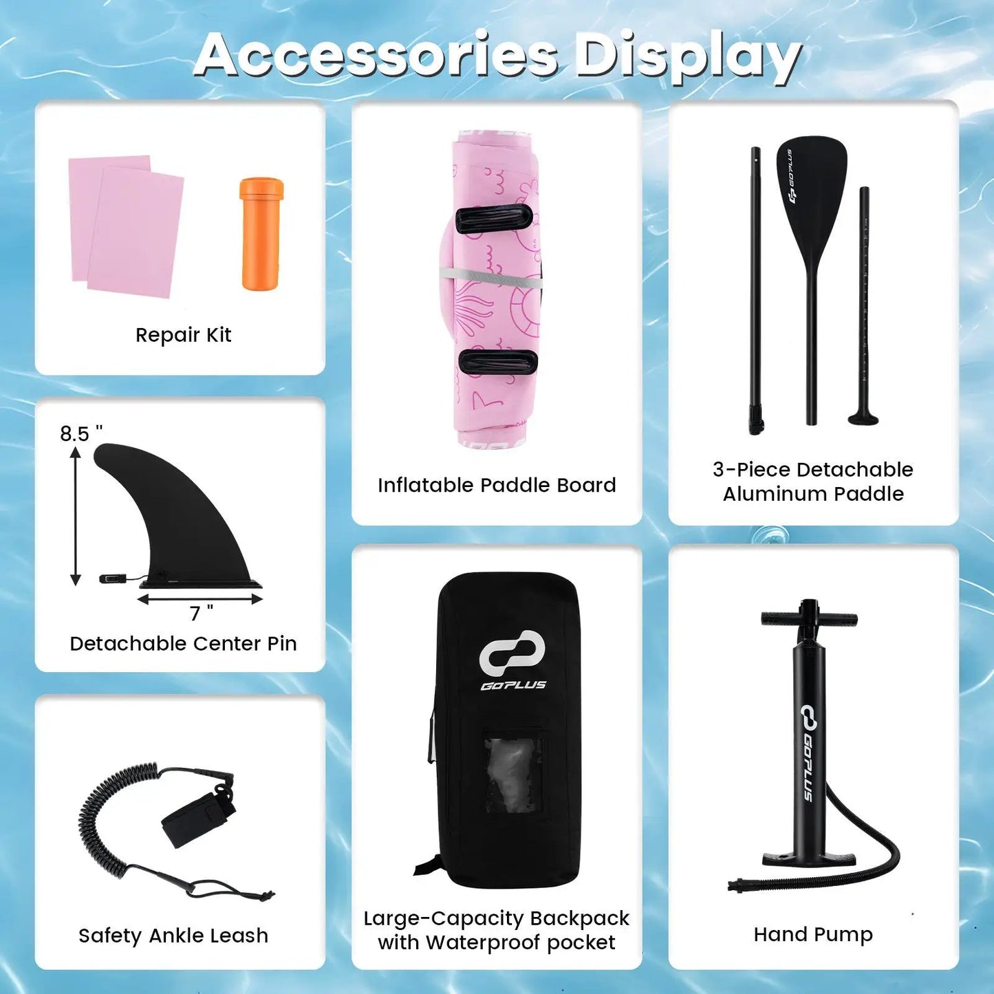 DirectDeals inflatable iSUP board with 3 fins and backpack amid repair kit and pump on Tampa Home & Garden Store
