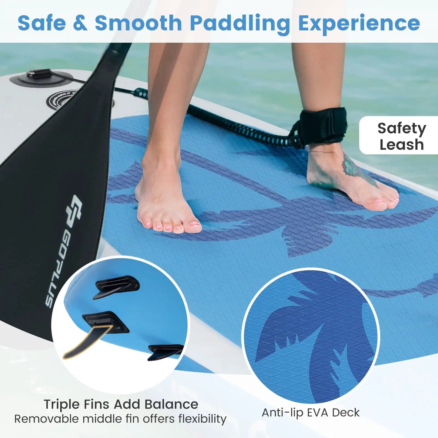 Inflatable Stand Up Paddle Board with blue EVA deck, safety leash, DirectDeals on Tampa Home & Garden Store