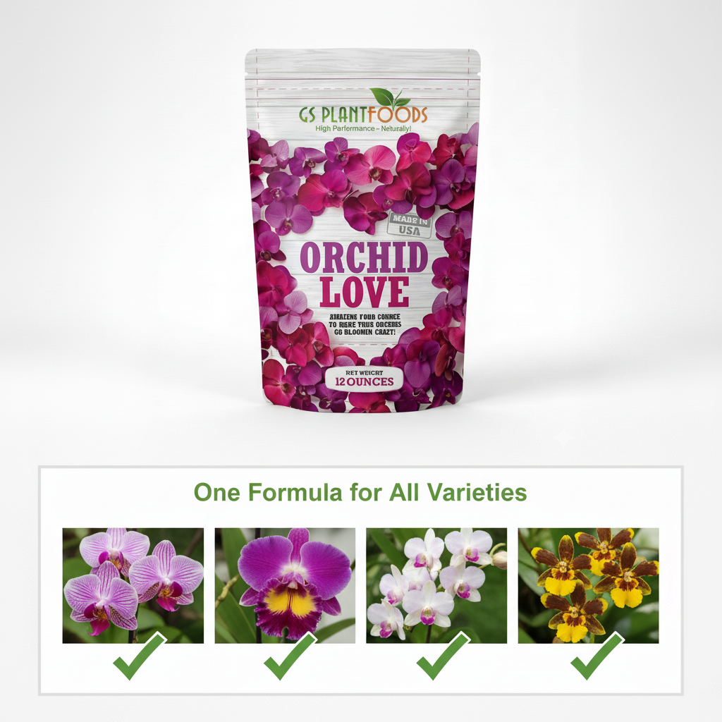 Orchid Love orchid fertilizer bag by GS Plant Foods with purple orchid design, 12 oz on Tampa Home & Garden Store
