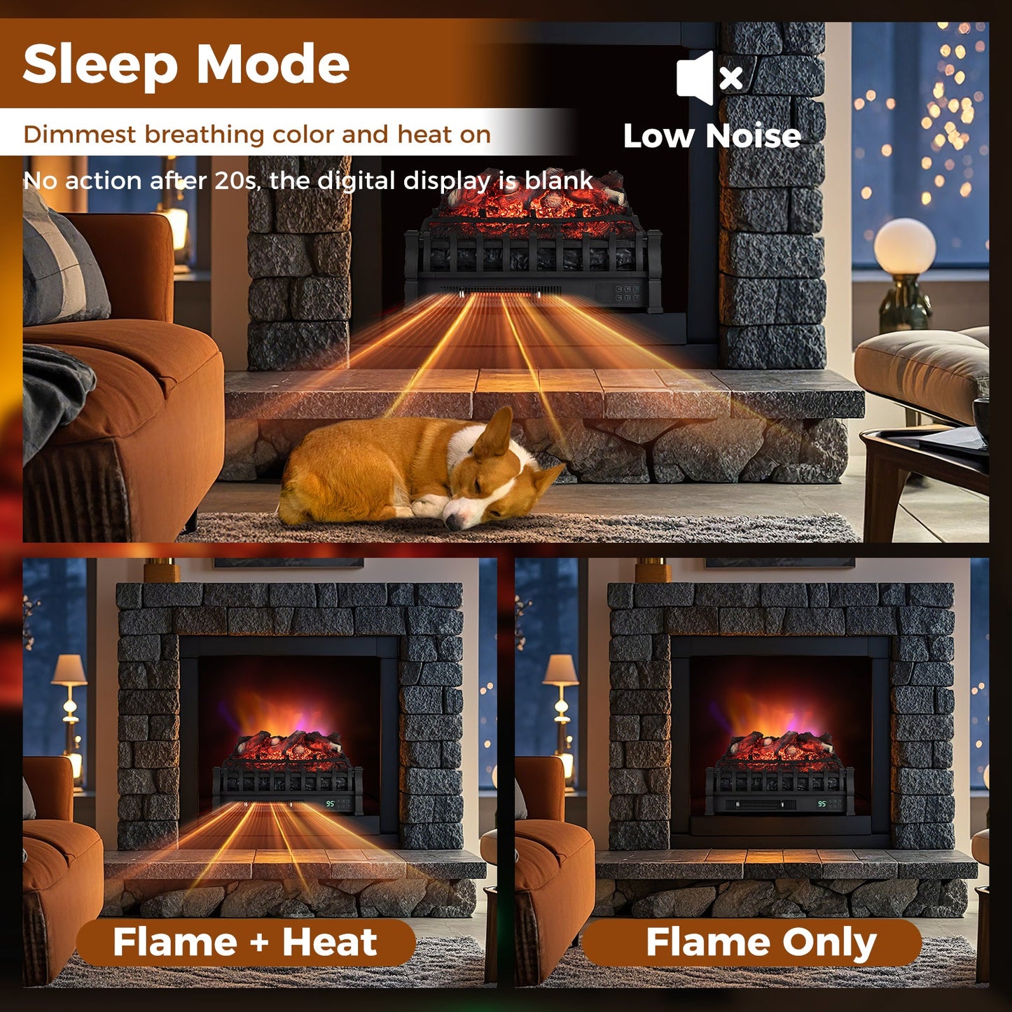 DirectDeals Infrared Quartz Fireplace in black with 3D flame colors and heat in a cozy room on Tampa Home & Garden Store