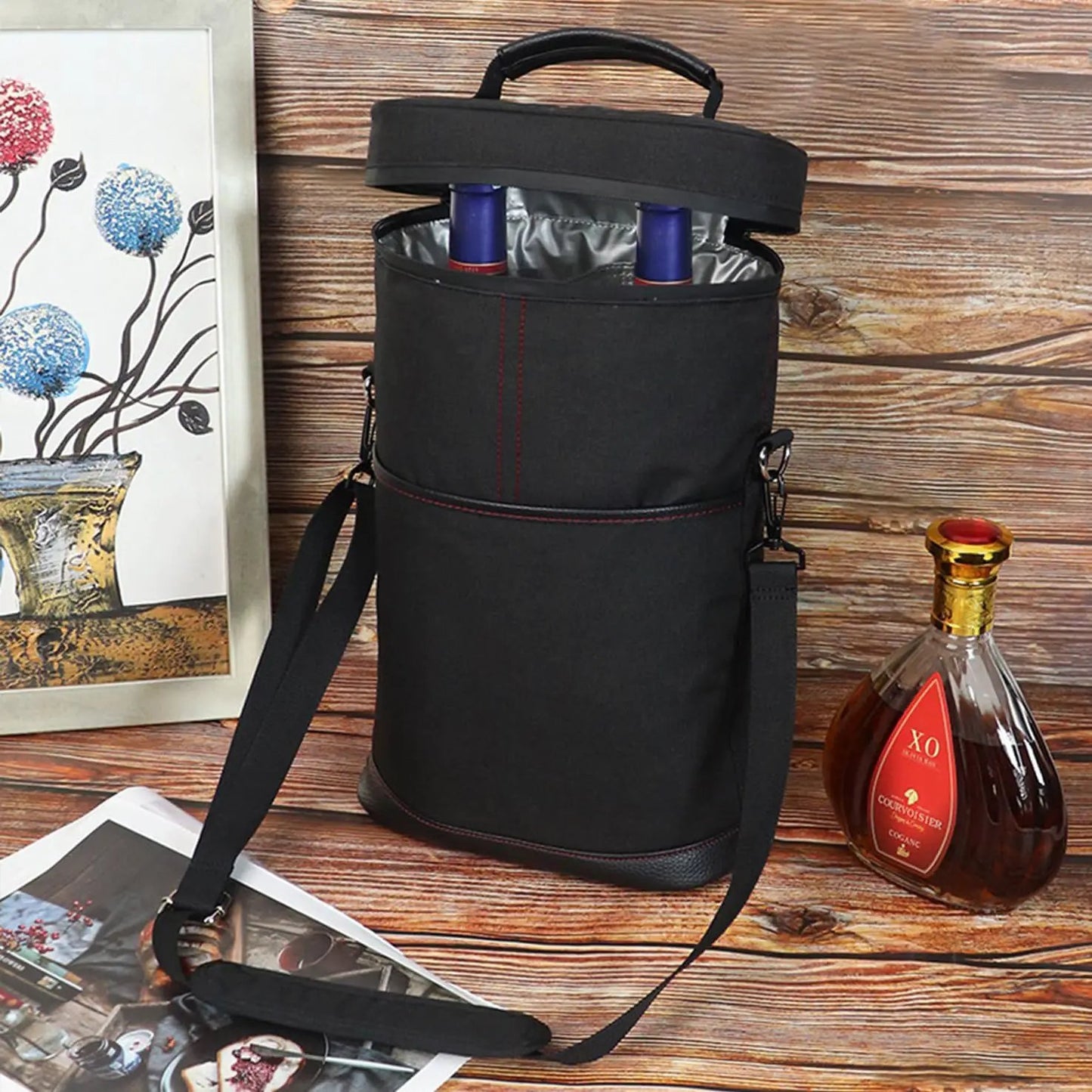 Insulated 2-Bottle Wine Cooler Bag Moktan Sabai, black canvas with strap on Tampa Home & Garden Store