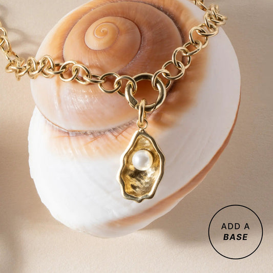 Oyster Interchangeable Charm gold-tone pendant with pearl centerpiece on a chunky chain by Alex and Ani on Tampa Home & Garden Store