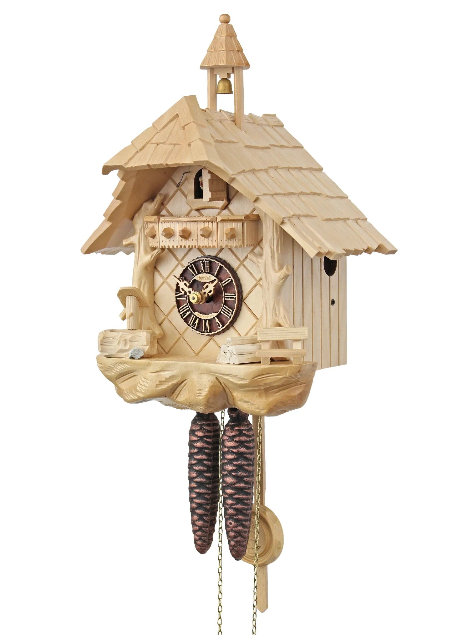 HerrZeit Black Forest House cuckoo clock, wooden wall clock with pinecone weights on Tampa Home & Garden Store