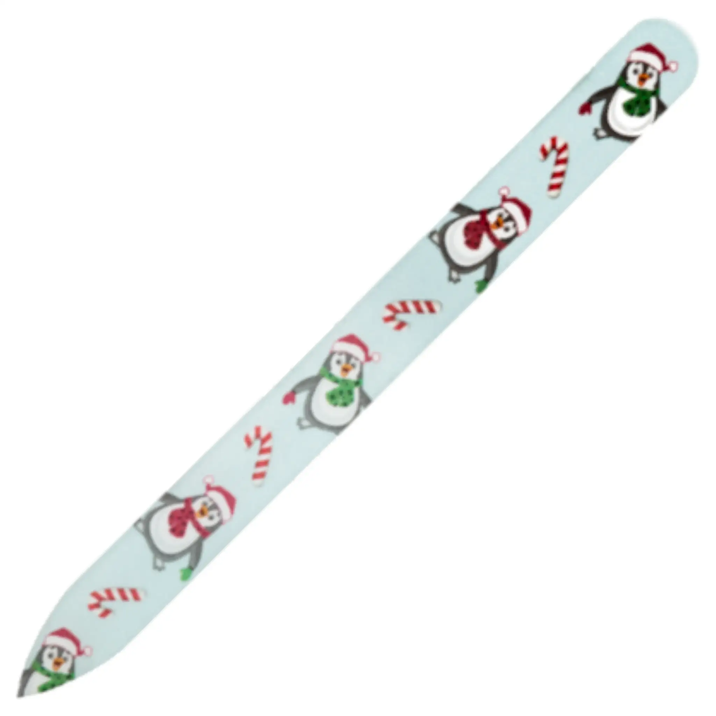 Nail file strip with festive penguin designs on a pale blue background, candy cane accents on Tampa Home & Garden Store