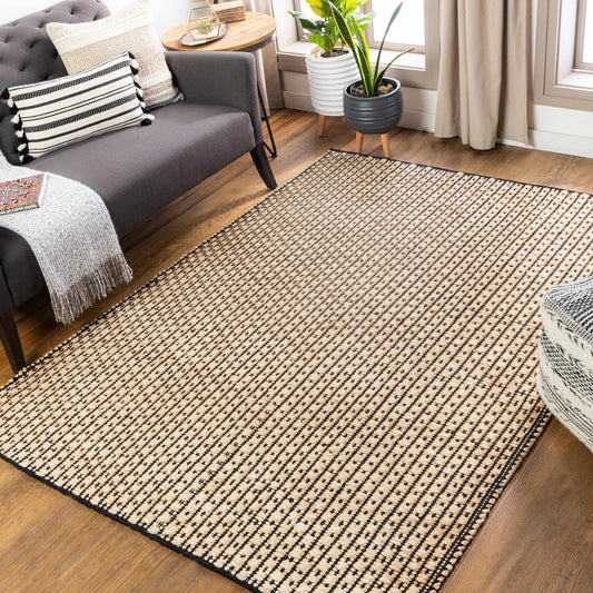 Iqaluit Natural Jute Rug Hand Woven beige rug with black lattice pattern Boutique Rugs on Tampa Home & Garden Store