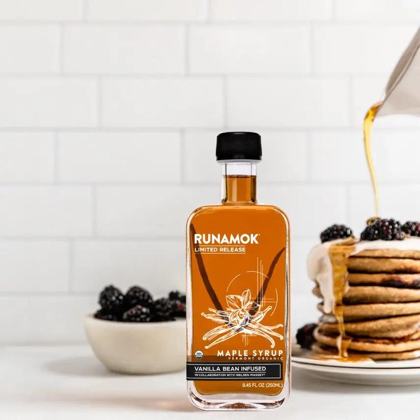 Runamok Vanilla Bean Infused Maple Syrup bottle 250ml with orange label limited release on Tampa Home & Garden Store