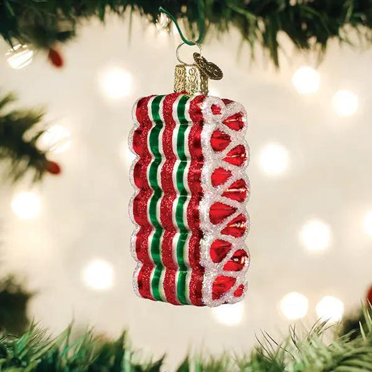 Christmas Ribbon Candy Glass Ornament red and green striped with glitter accents on Tampa Home & Garden Store