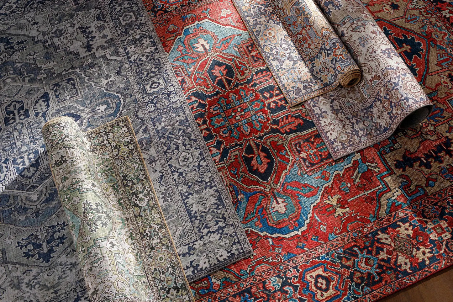 Neyland Iris Area Rug 2358 medallion pattern in blue-gray and red colorways by Boutique Rugs on Tampa Home & Garden Store