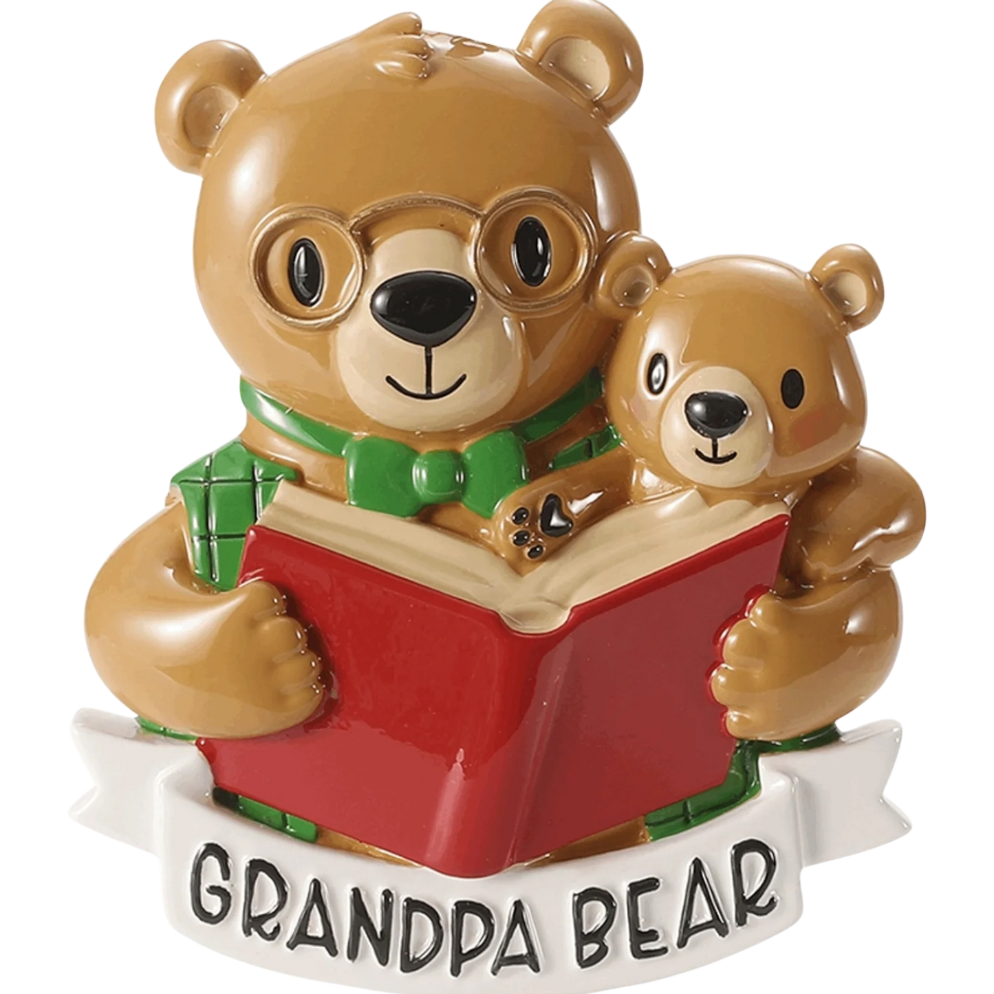 Grandpa Bear Family Ornament reading story with two brown bears, red book, green bow tie on Tampa Home & Garden Store