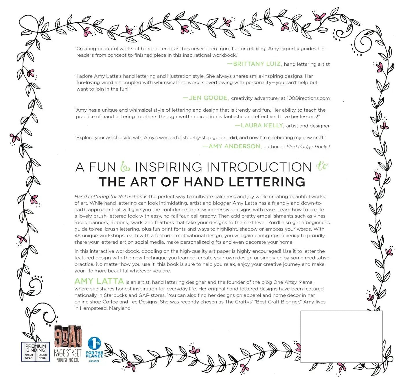 Hand Lettering for Relaxation Workbook, black-and-white interior with pink floral border on Tampa Home & Garden Store