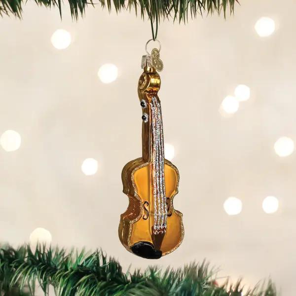 Violin glass ornament amber body with silver strings and rhinestone accents on Tampa Home & Garden Store