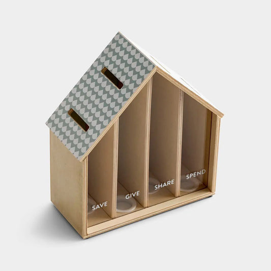 My First Bank for Kids Saving and Giving wooden bank with four slots Save Give Share Spend on Tampa Home & Garden Store