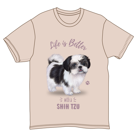 Beige T-shirt featuring two fluffy Shih Tzu dogs and lavender Life Is Better text on Tampa Home & Garden Store