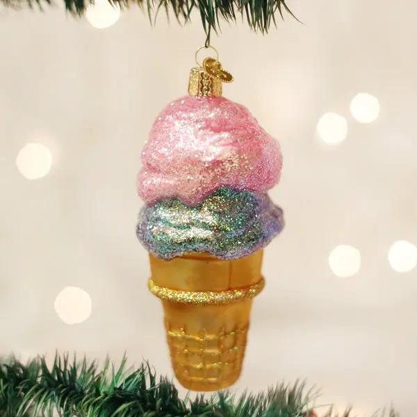 Double Dip Ice Cream Glass Ornament with pink glitter scoop and teal purple scoops waffle cone on Tampa Home & Garden Store