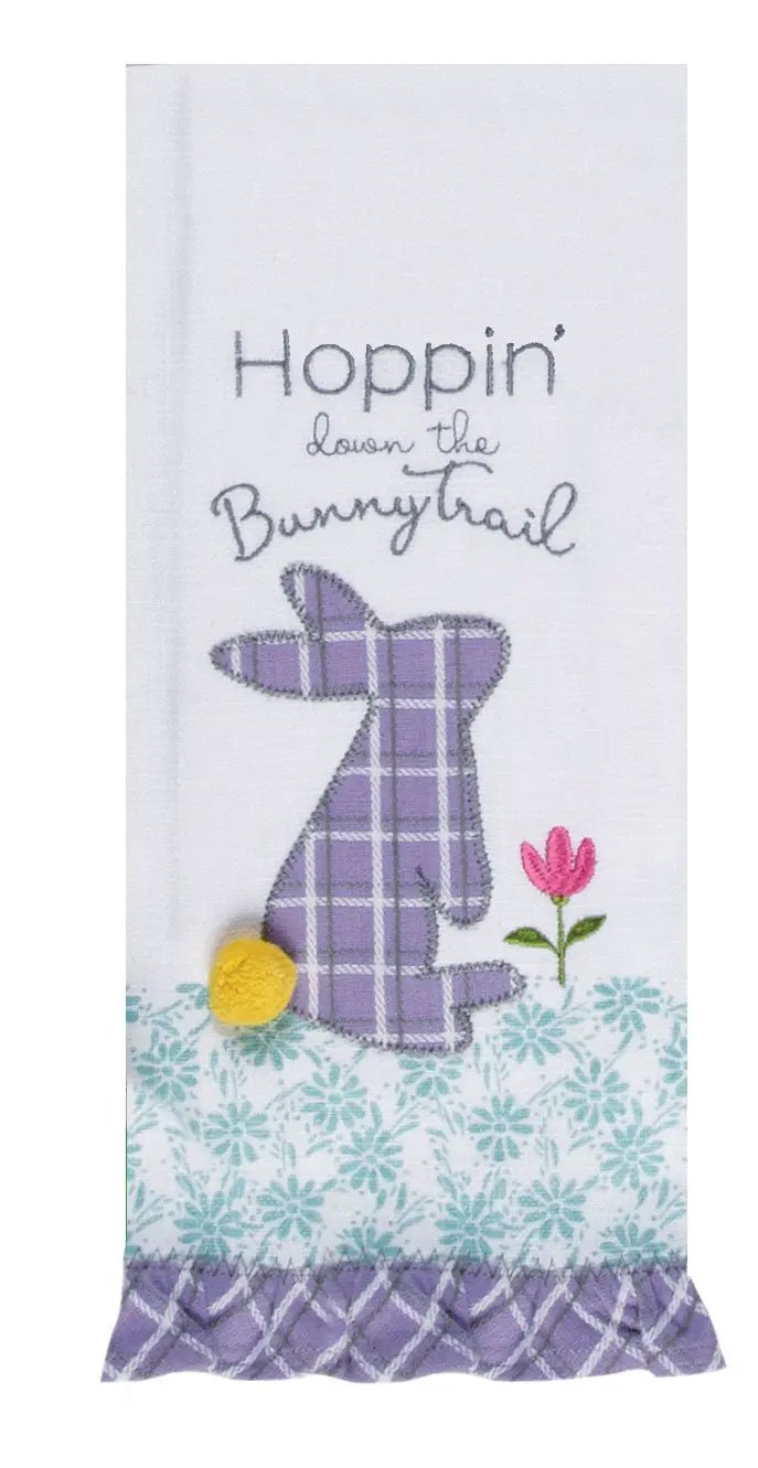 Spring Bunny Trail applique tea towel lavender plaid bunny on white with teal border on Tampa Home & Garden Store