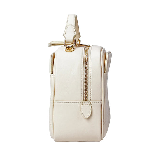 Ivory Quilted Leather Camera Bag with Top Handle and Crossbody Strap