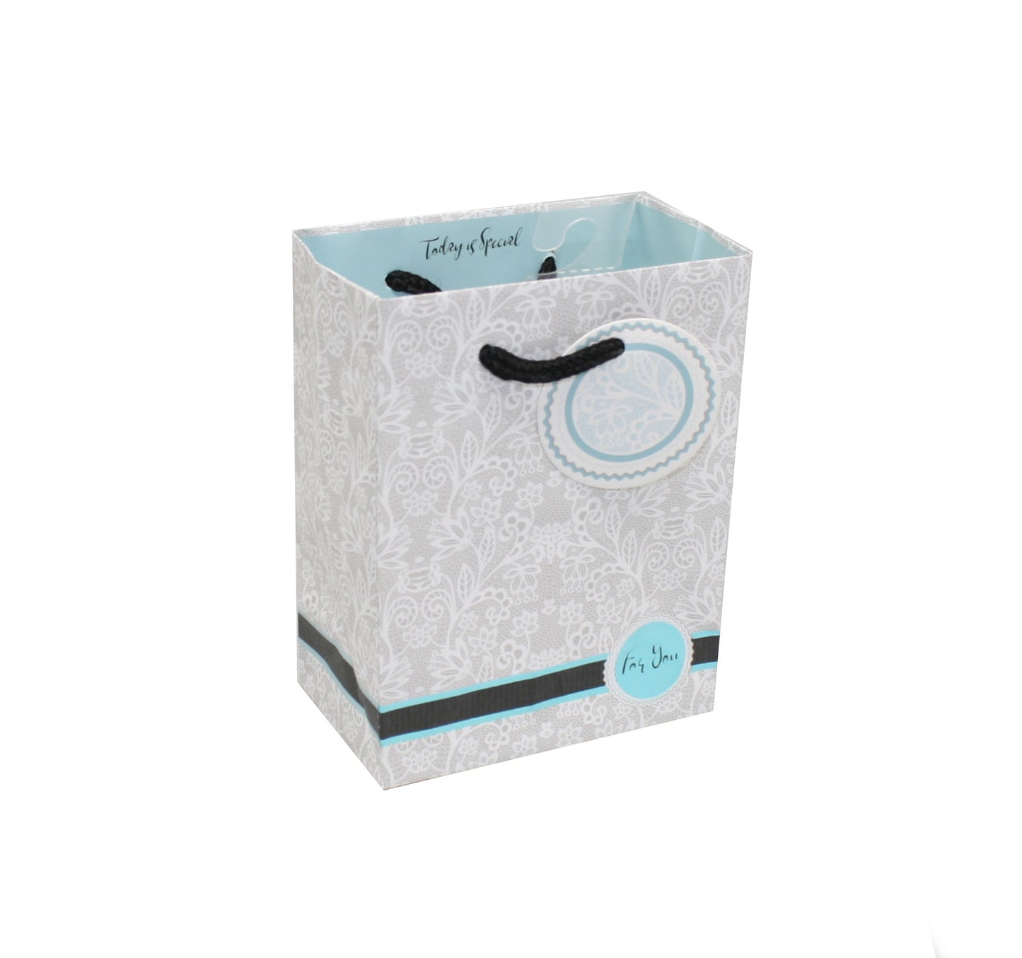 For You Small Gift Bag With Rope Handle white lace pattern gift bag with blue interior on Tampa Home & Garden Store