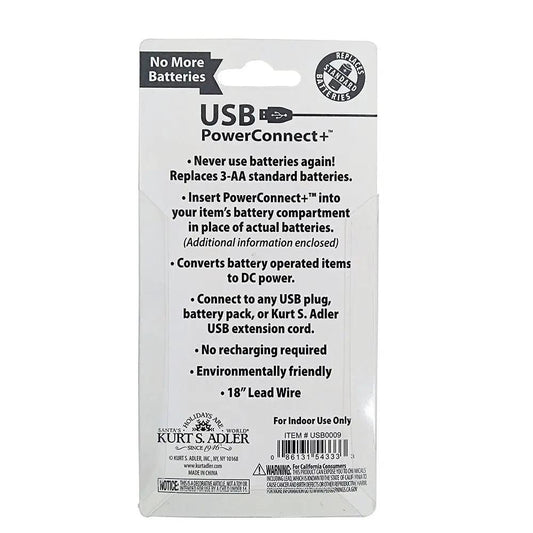 USB PowerConnect+ battery converter packaging by Kurt Adler, white carded USB adapters on Tampa Home & Garden Store