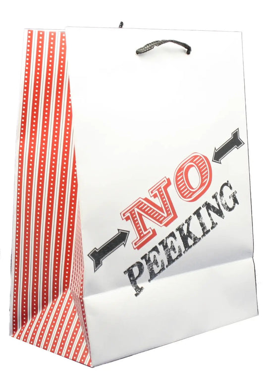 Large gift bag No Peeking; white bag with red striped edge The Country Christmas Loft on Tampa Home & Garden Store