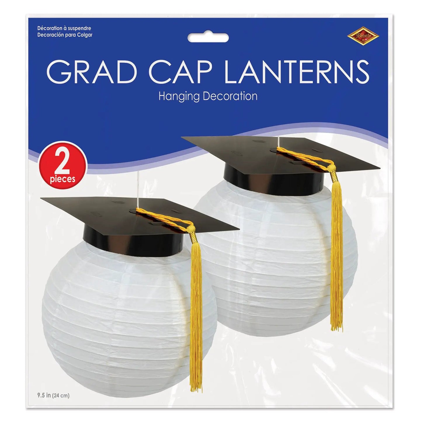 Grad Cap Lanterns two-piece white paper lanterns with black caps and yellow tassels on Tampa Home & Garden Store