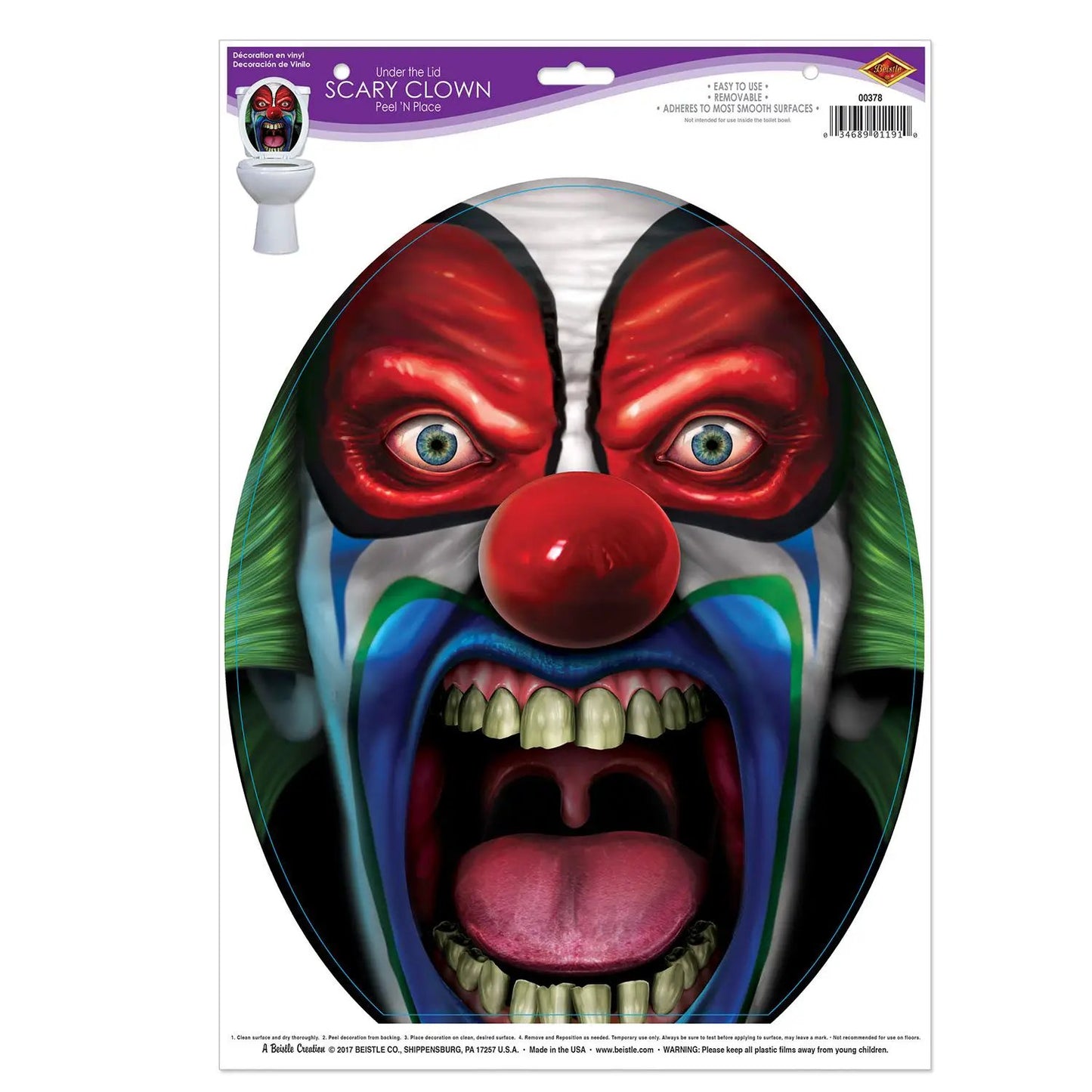 Clown Peel N Place vinyl toilet lid decoration, red multicolor scary clown face on Tampa Home & Garden Store