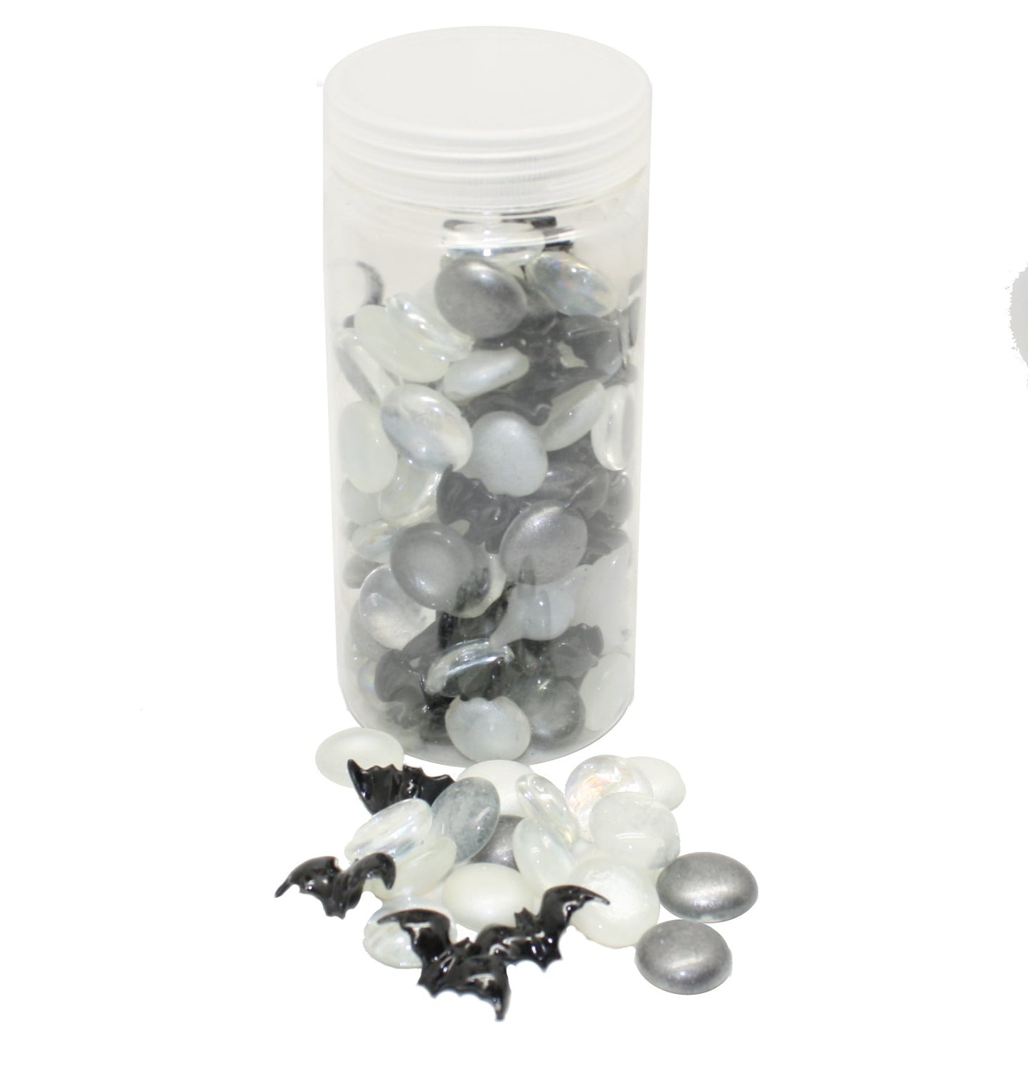 Assorted Halloween glass stones with bats and ghosts in a clear tube; gray, white and translucent stones on Tampa Home & Garden Store