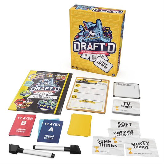 Draft'd party game with yellow box, voting cards, score sheets by The Country Christmas Loft on Tampa Home & Garden Store
