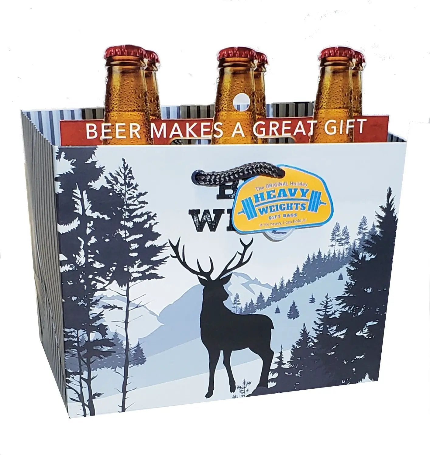 Heavyweight Gift Bag For 6-Packs Be Wild with forest moose motif and blue mountain scene holding 3 beer bottles on Tampa Home & Garden Store