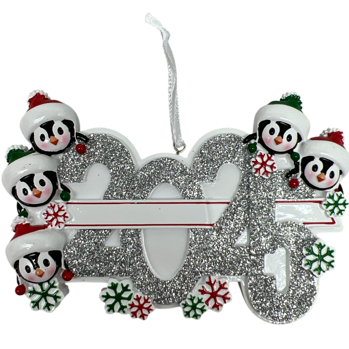 Penguin Family Ornament 2025 with Five Pals glittery silver 2025 numeral and penguins on Tampa Home & Garden Store