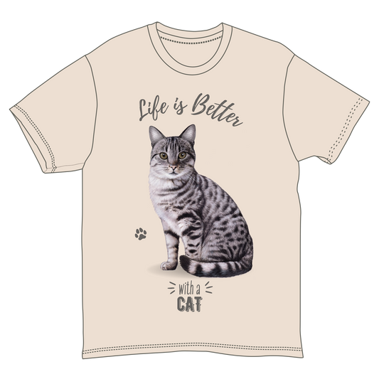 Tabby Cat T-Shirt unisex tee with Life Is Better text and cat graphic on Tampa Home & Garden Store