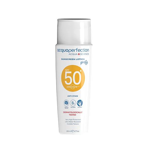 Acqua Perfection SPF50 Sunscreen Lotion by Beauty Care Bag, white bottle with orange label on Tampa Home & Garden Store