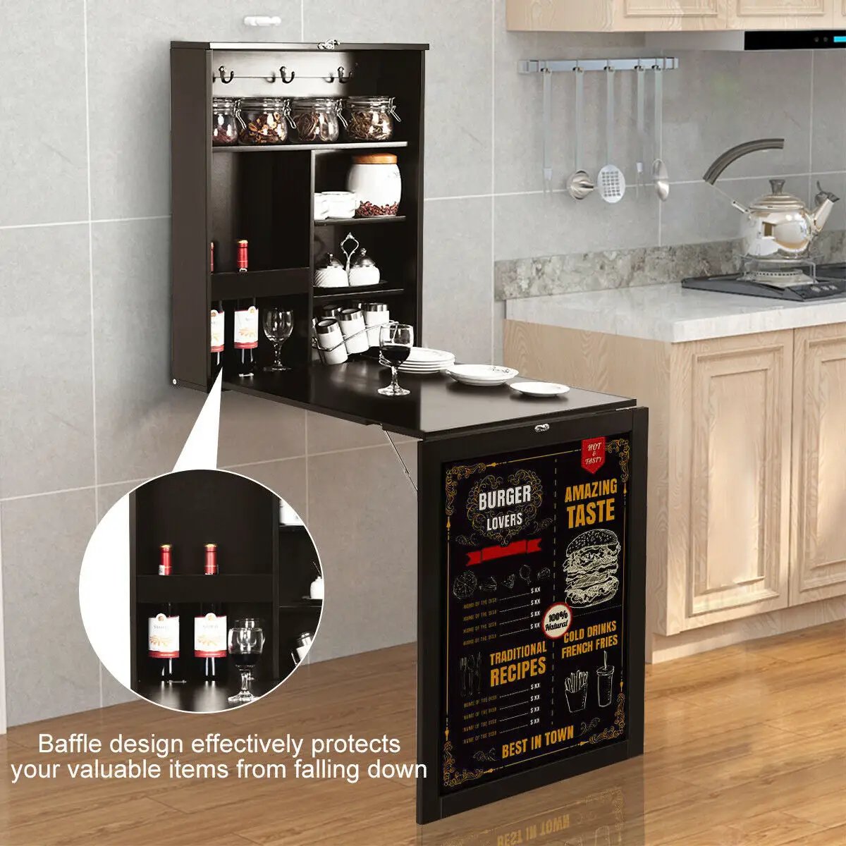 DirectDeals Convertible Wall Mounted Table Chalkboard, black wall-hung hutch fold-out design on Tampa Home & Garden Store