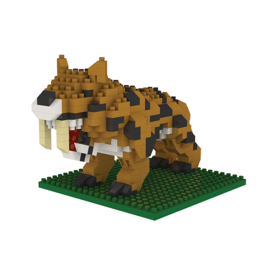 Mini sabre-tooth cat building blocks on green base; brown with black stripes and white jaw on Tampa Home & Garden Store
