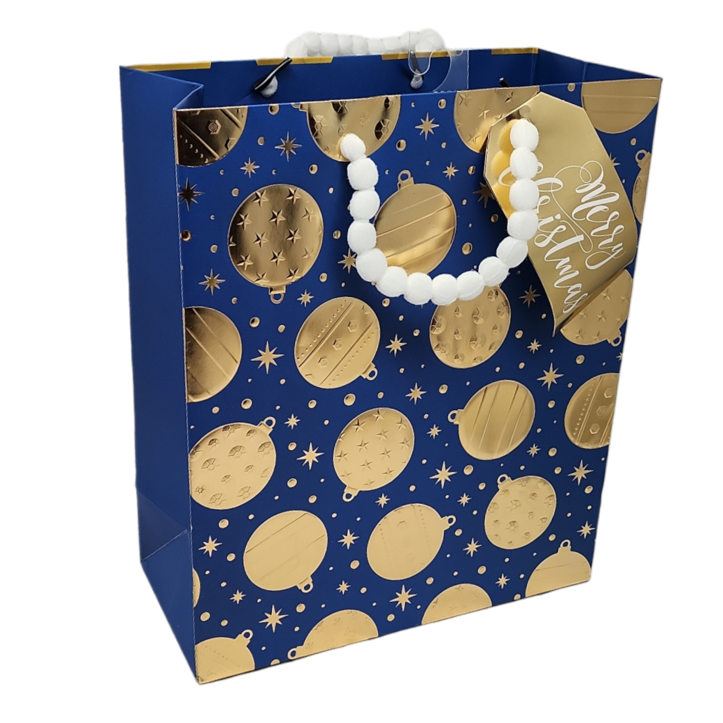 Ornaments on Blue Gift Bag with Snowball Handle blue bag features gold ornaments on Tampa Home & Garden Store